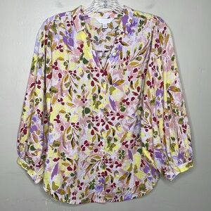 LC LAUREN CONRAD Button Front Blouse Pink & Purple watercolor Floral Puff Sleeve